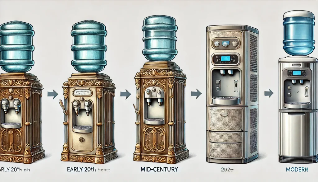 ウォーターサーバーの進化を描いたイラスト。20世紀初頭のレトロなウォータークーラー、20世紀中頃のディスペンサー、現代のウォーターサーバーが含まれている。